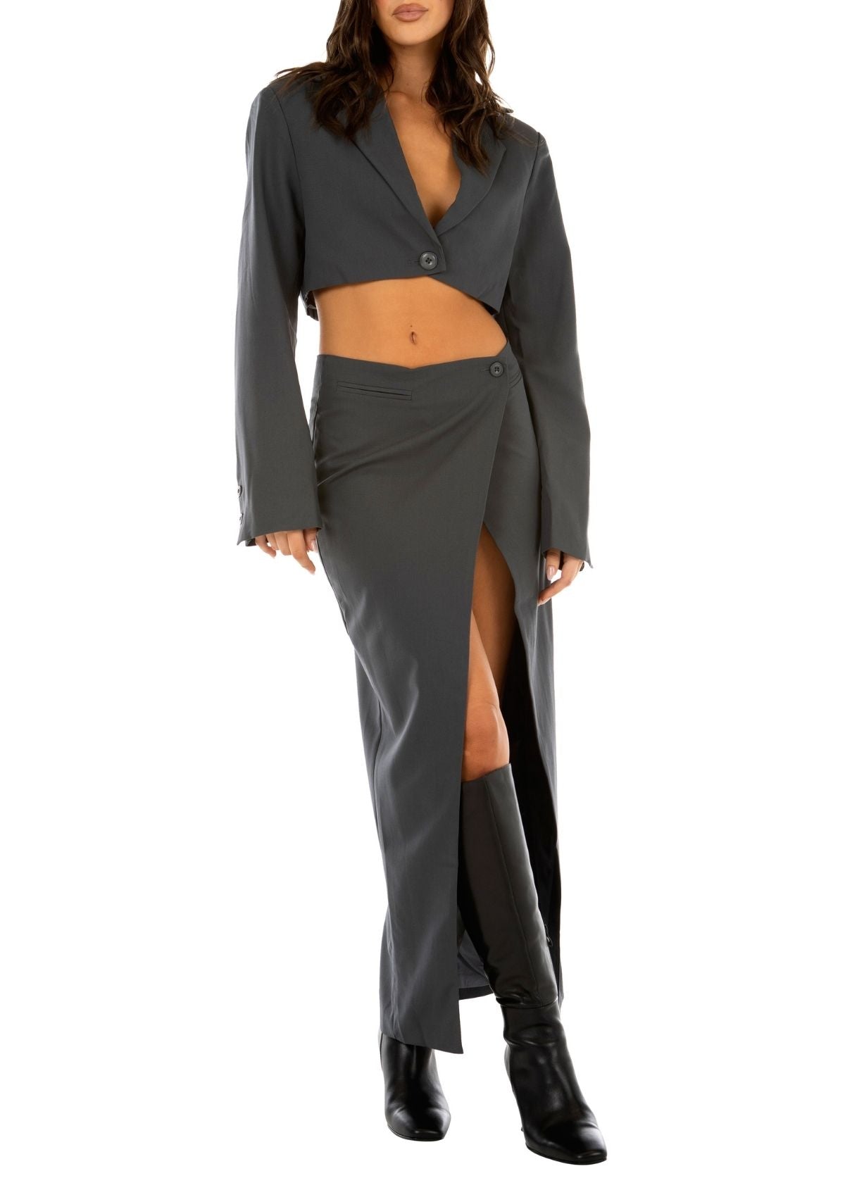 Dana Maxi Skirt Womens Maxi Skirt Charcoal Asymmetrical Button Detail