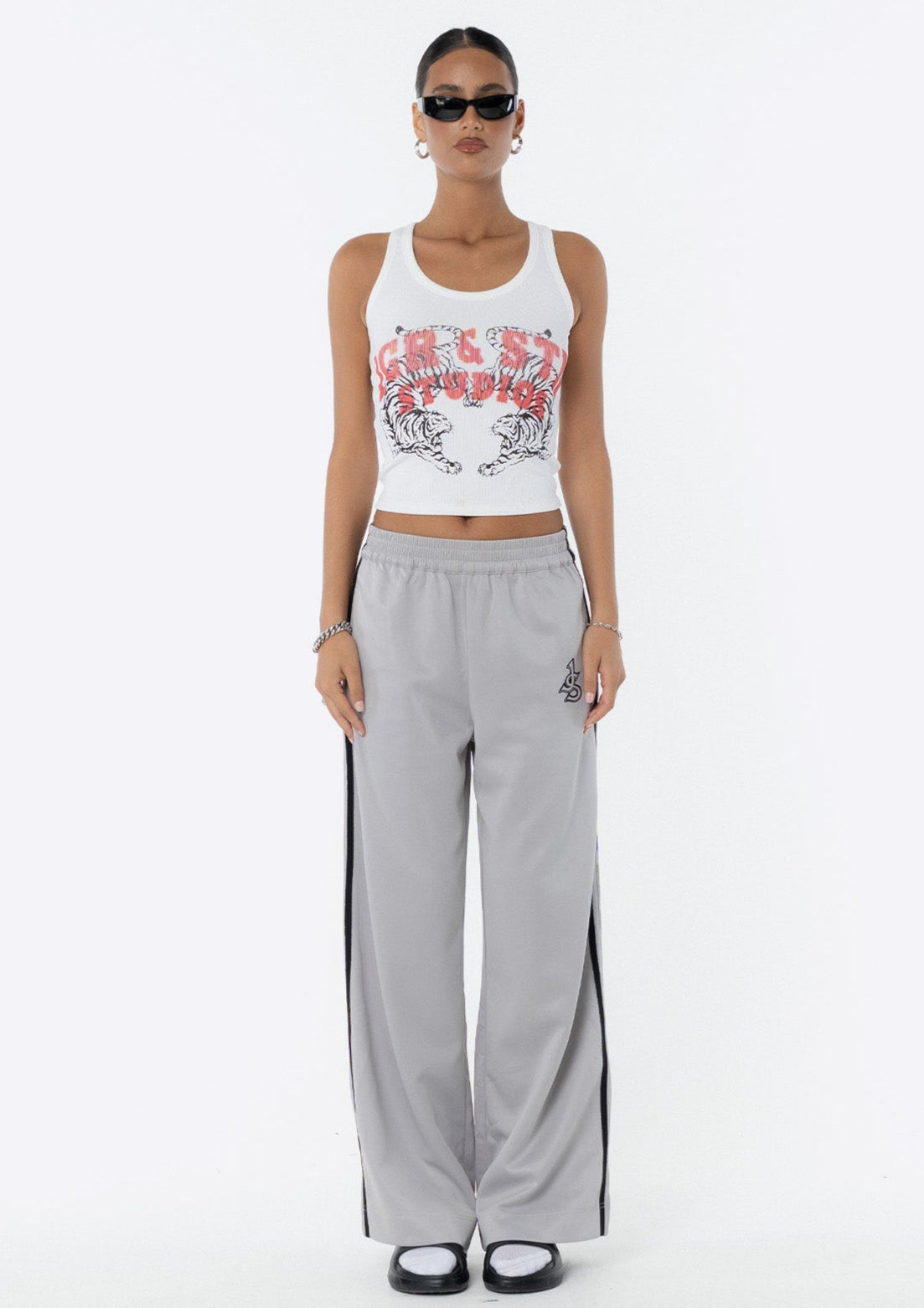 Sadie Wide Leg Track Pant - Silver