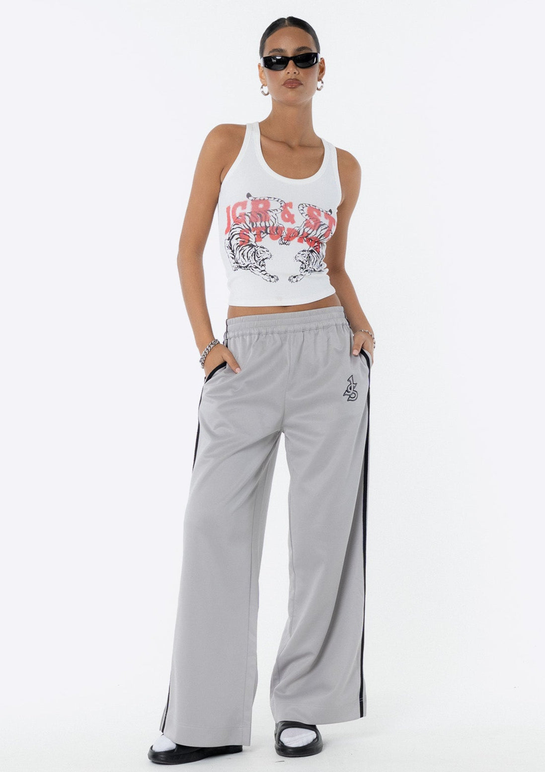 Sadie Wide Leg Track Pant - Silver