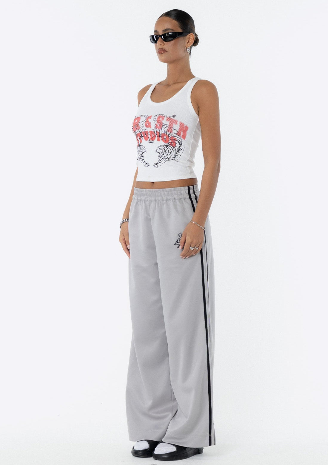 Sadie Wide Leg Track Pant - Silver