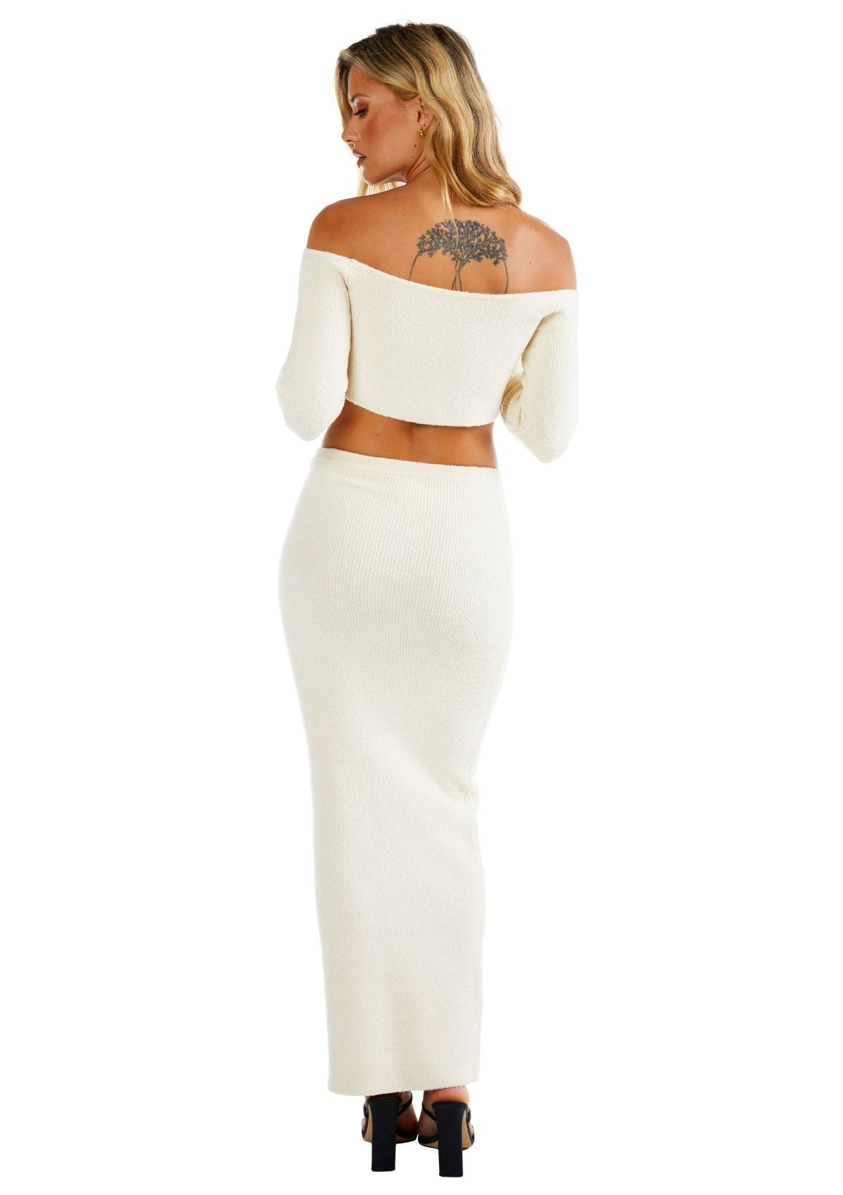 Stacey Maxi Skirt Off White Knitted Fitted Low Mid Rise Skirt
