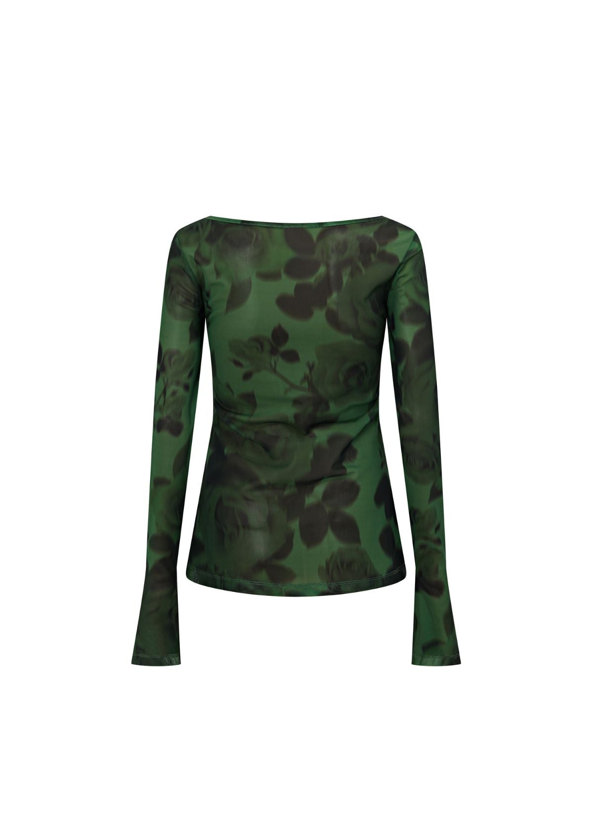 Thorne Long Sleeve Top Bell Sleeve Mesh Fitted Tie Up Green and Black Floral Top